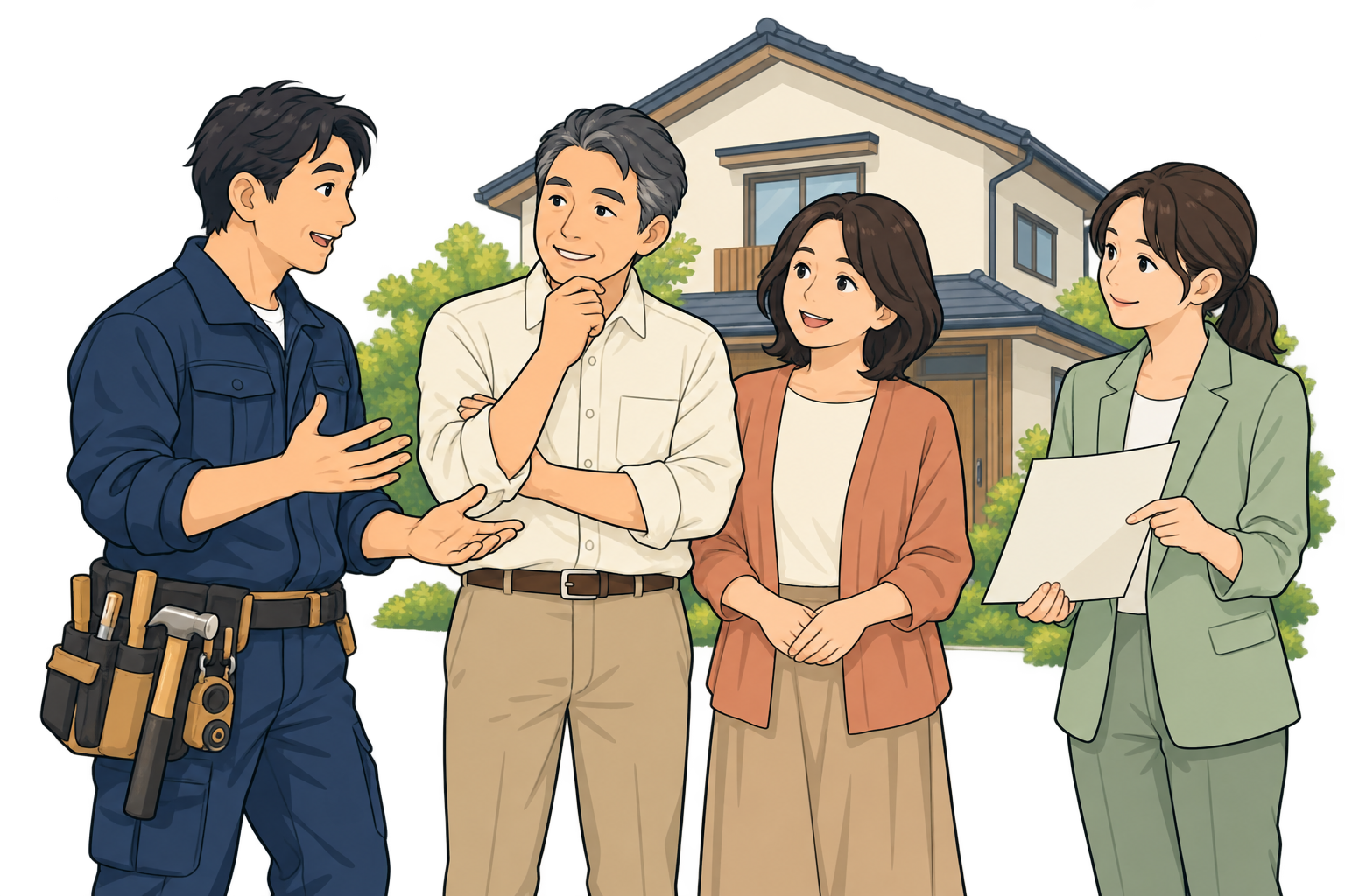工事の相談をする職人とお客様、その相談を支える担当者のイメージ